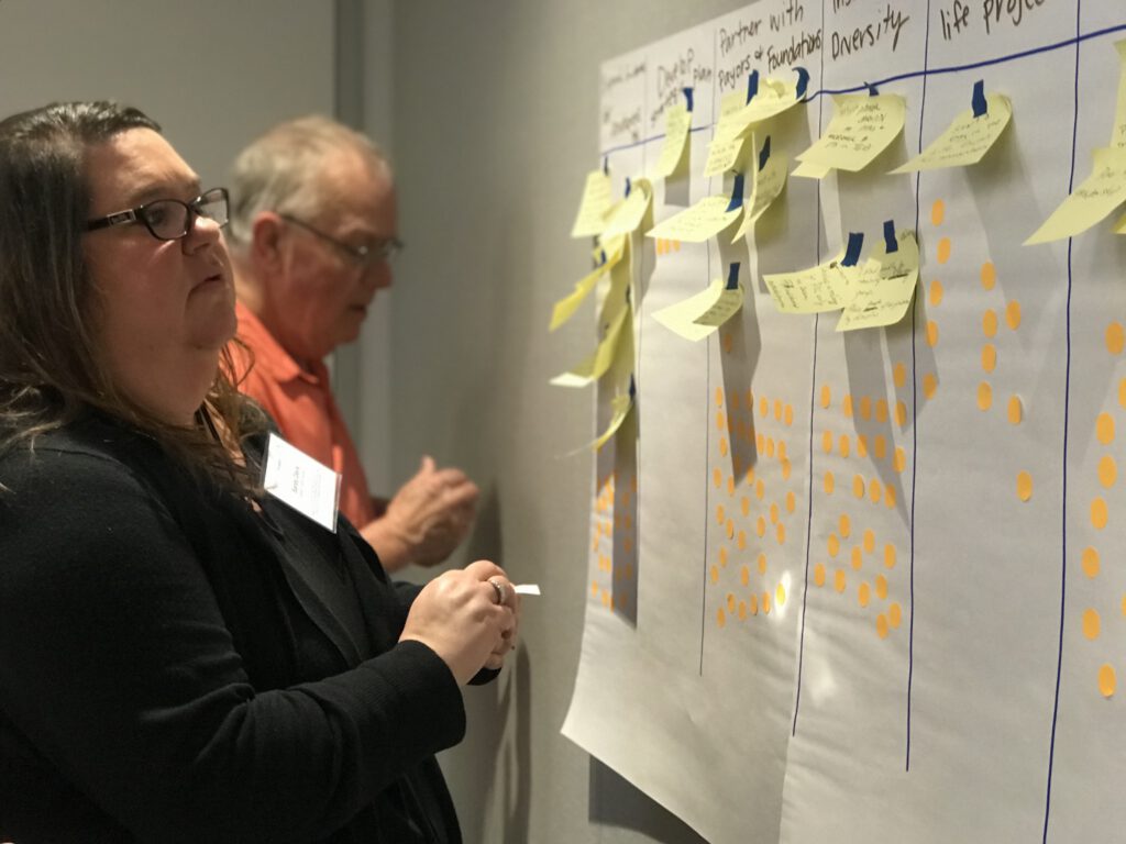 Two adults stand beside a wall-mounted chart during a workshop, reviewing columns covered with yellow sticky notes and orange dot stickers, as one person holds a note and the other gestures toward the chart.
