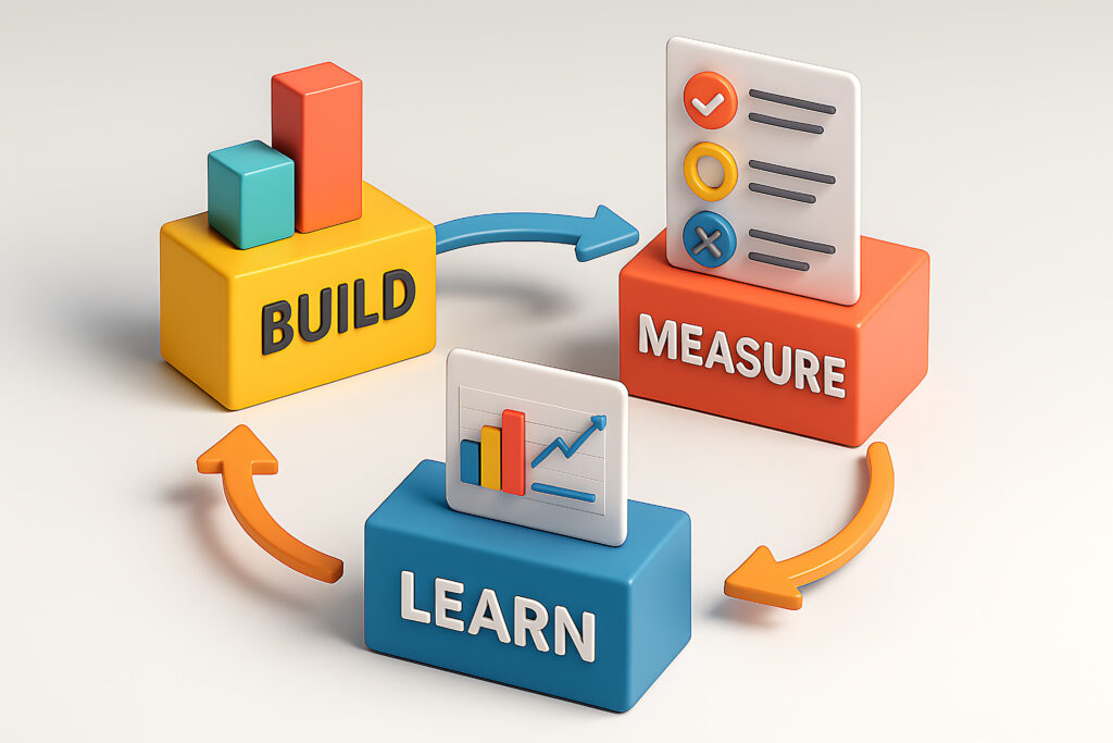 Three colorful blocks displaying the words "Build," "Learn," and "Measure" arranged in a circle with arrows in between them, emphasizing key concepts.